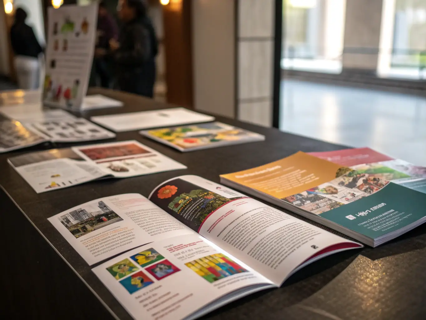 A selection of professionally printed brochures with different folding styles (tri-fold, bi-fold, etc.) and paper finishes, showcasing the quality and customization options available for brochure printing at PrintPro.