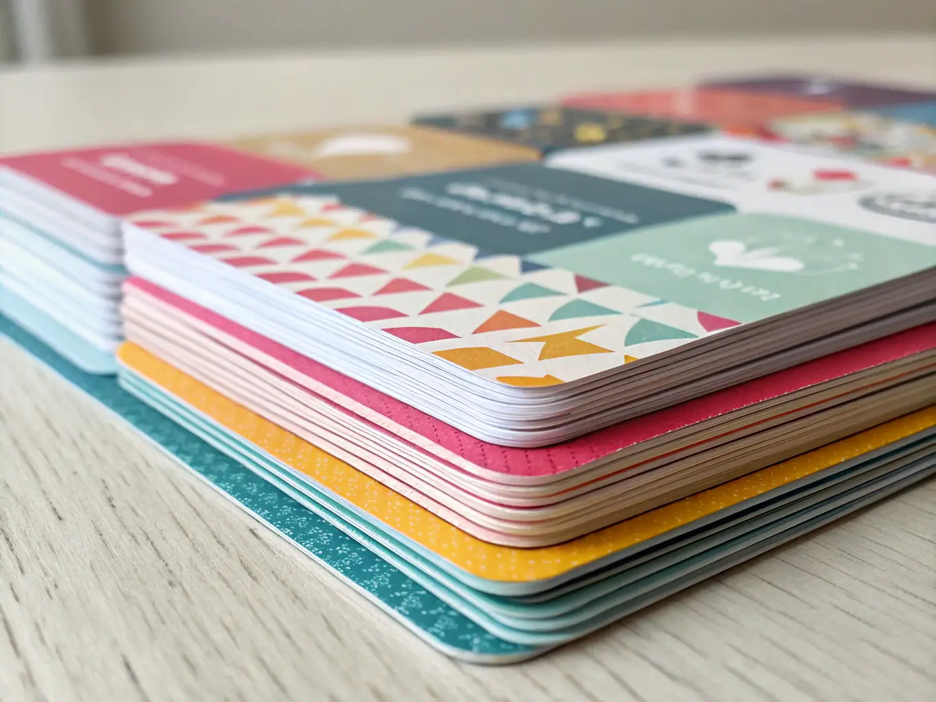 A close-up shot of a variety of business cards with different paper textures, finishes (glossy, matte, etc.), and unique design elements, showcasing the customization options available for business card printing at PrintPro.