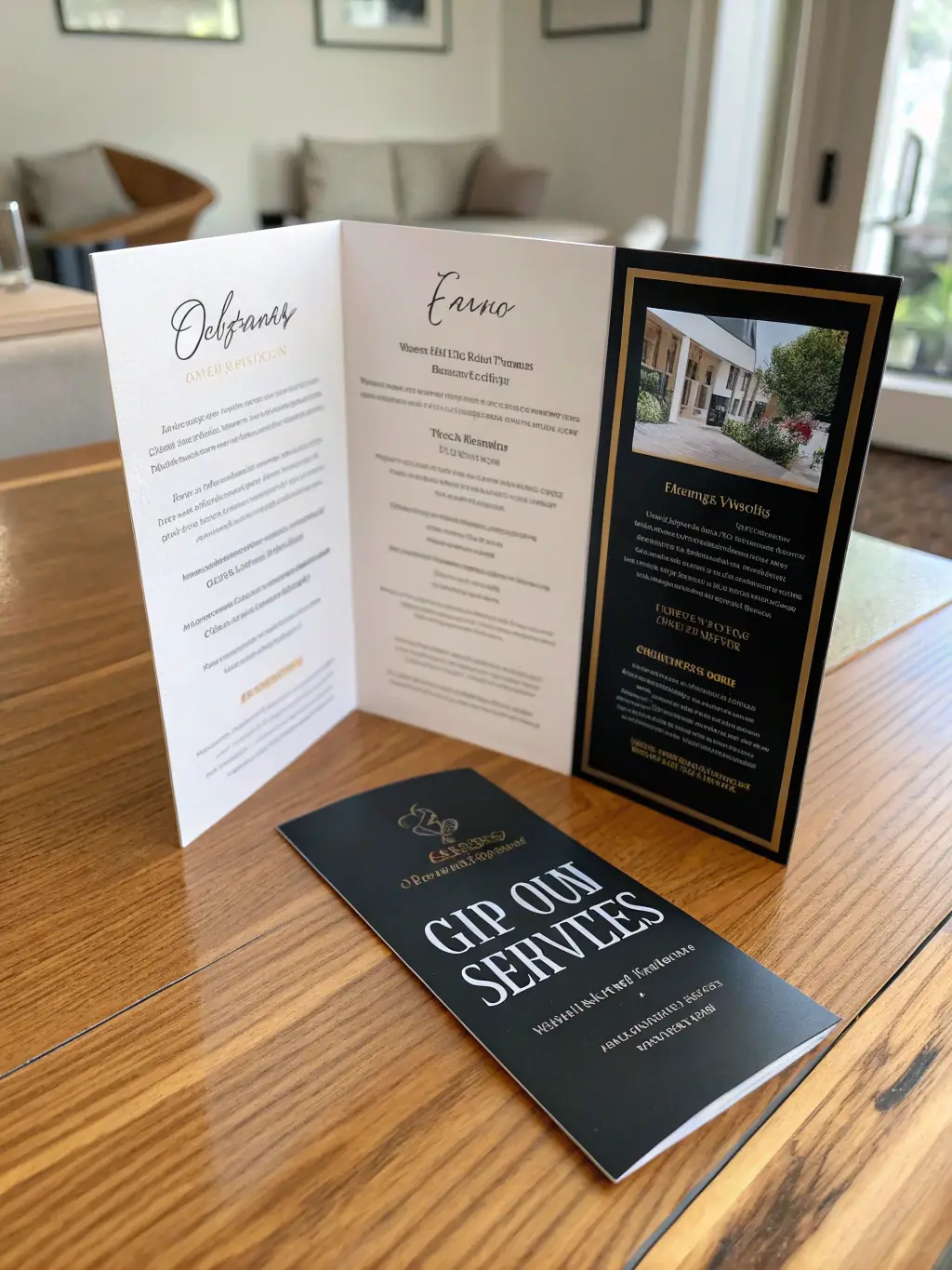 A professionally designed brochure showcasing a company's products and services, with clear images and well-organized content, lying on a table.