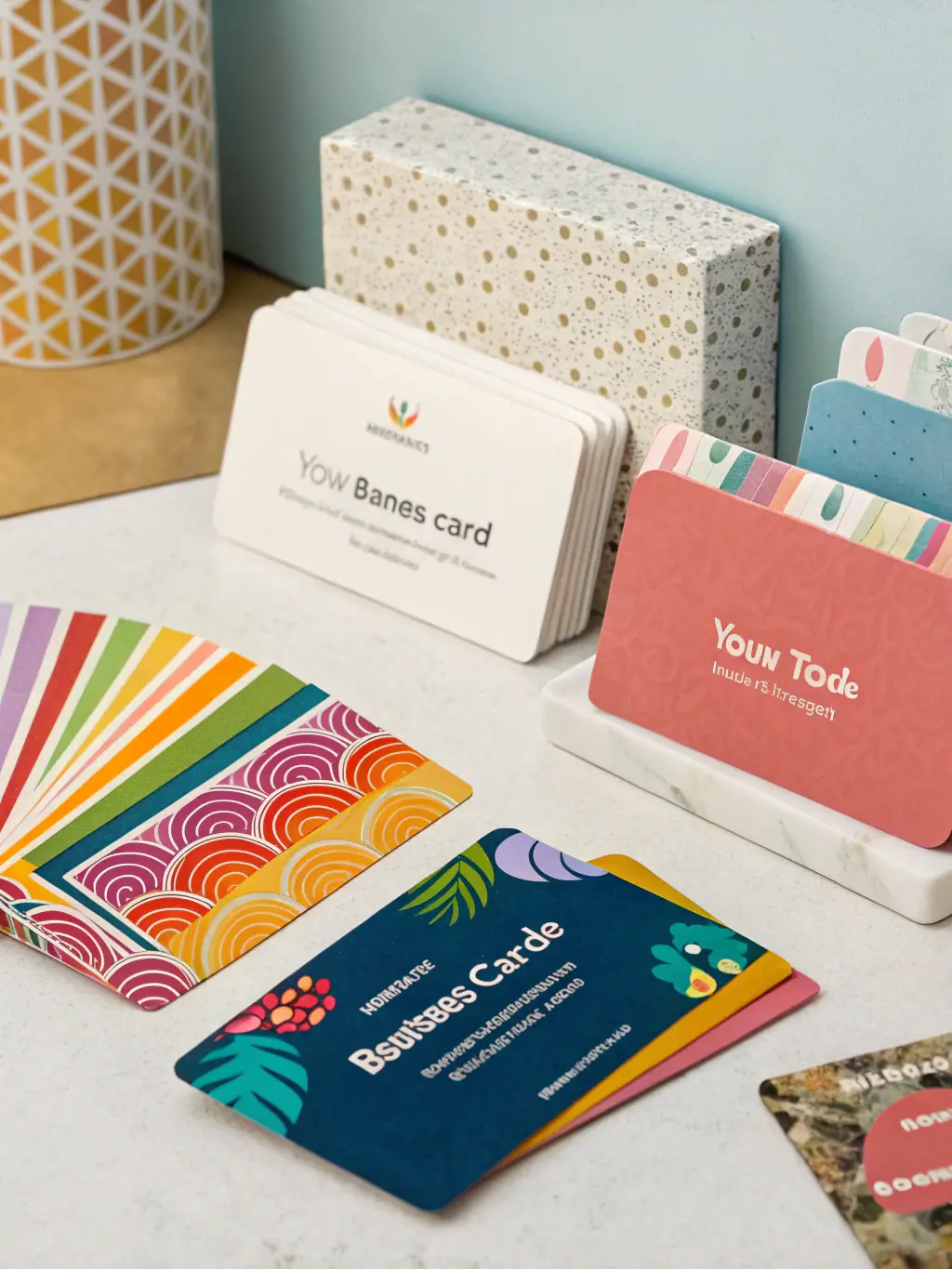 A collection of unique custom printed items, such as personalized invitations, custom labels, and branded packaging, arranged creatively on a table.